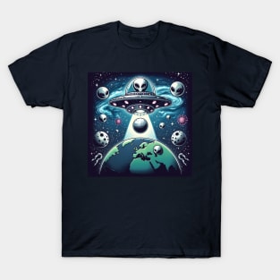 Grey Aliens in a UFO T-Shirt